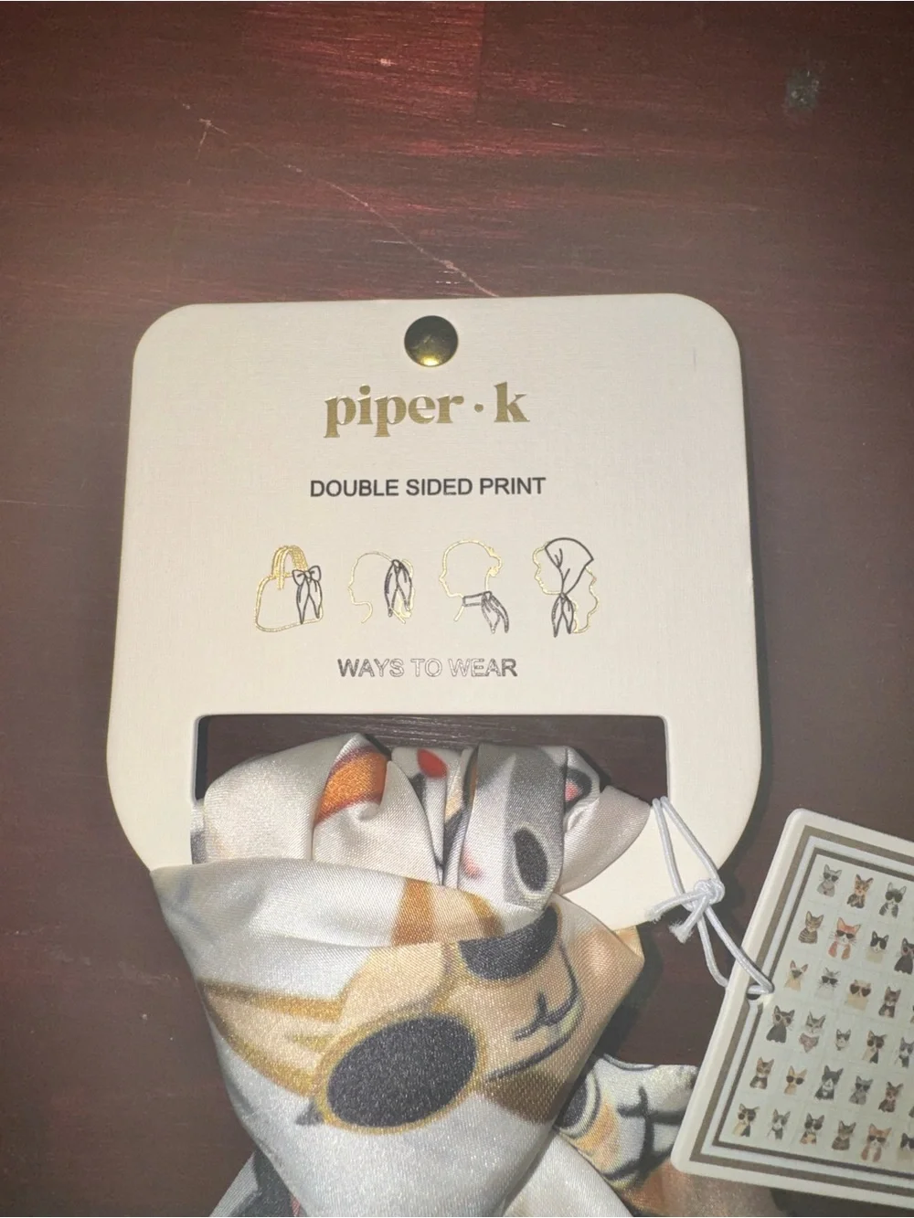 PiperK Cat Print Silk Scarf - Cream & Brown